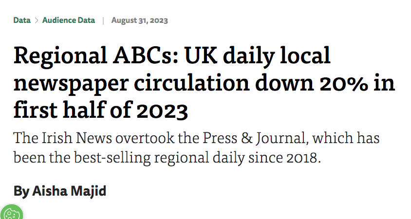 Regional ABC’s show 20% fall in UK daily local newspaper circulation