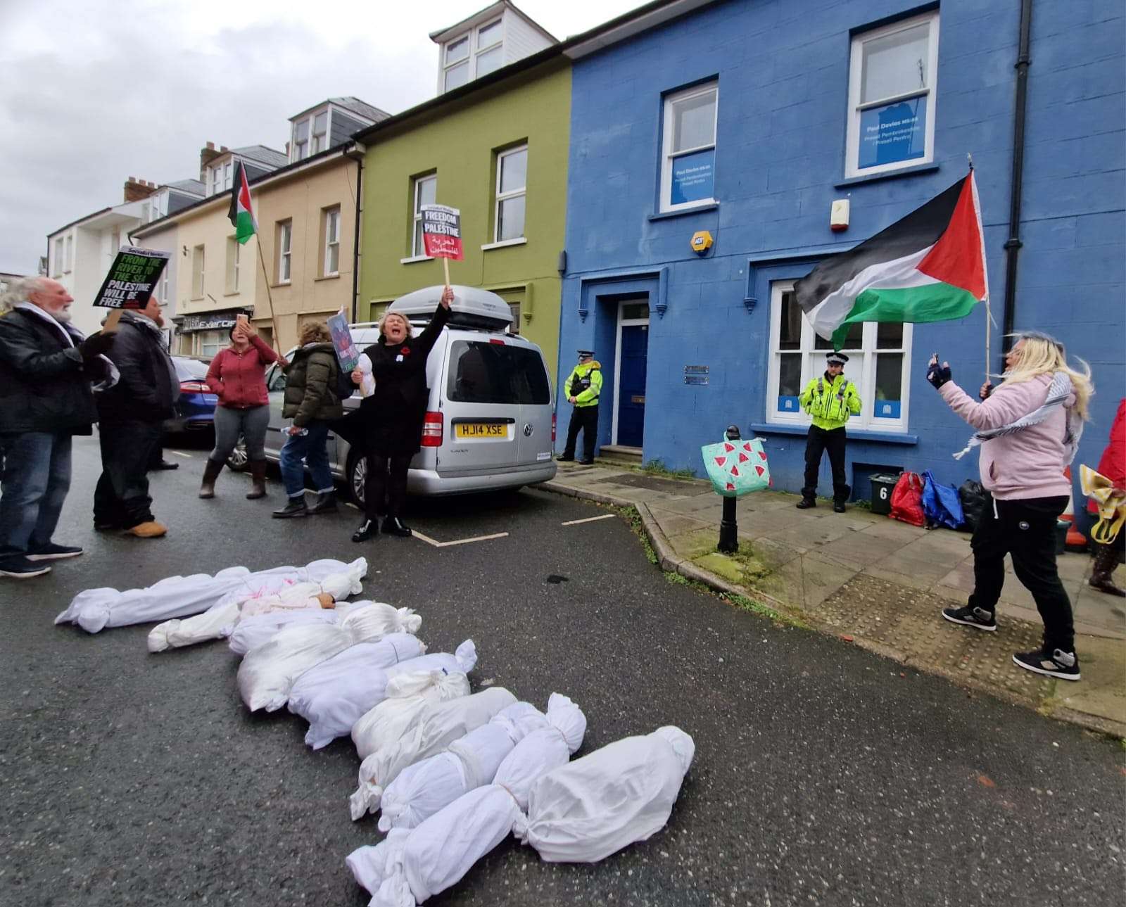 Pro-Palestine protesters lay shrouded ‘dead bodies’ at the Office of Conservative MP Stephen Crabb